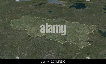 Zoom in Tver' (Region von Russland) skizziert. Schräge Perspektive. Satellitenbilder. 3D-Rendering Stockfoto