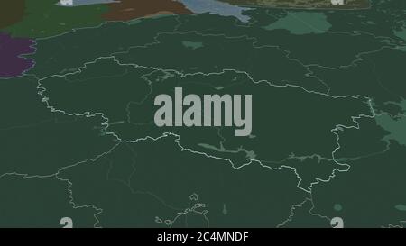 Zoom in Tver' (Region von Russland) skizziert. Schräge Perspektive. Farbige und aufgeschüpfte Karte der Verwaltungseinheit mit Oberflächengewässern. 3D-rende Stockfoto