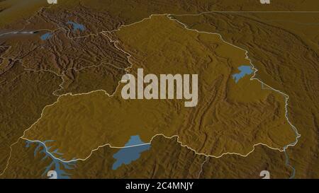 Zoom in auf Iburasirazuba (Provinz Ruanda) skizziert. Schräge Perspektive. Topographische Reliefkarte mit Oberflächengewässern. 3D-Rendering Stockfoto