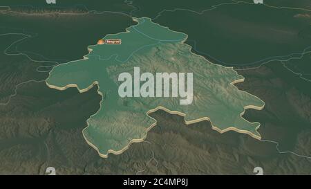 Zoom in auf Grad Beograd (Stadt Serbien) extrudiert. Schräge Perspektive. Topographische Reliefkarte mit Oberflächengewässern. 3D-Rendering Stockfoto