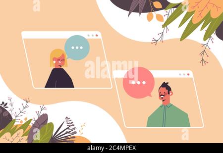 Mix Rennen Paar chatten während Videoanruf Mann Frau mit virtuellen live Konferenz Kommunikation selbst Isolation Quarantäne Konzept Porträt horizontal Vektor Illustration Stock Vektor