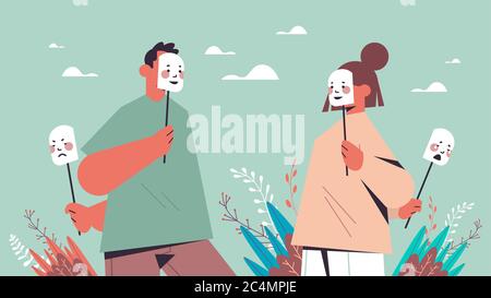 Mann Frau verstecken ihre Emotionen unter Masken gefälschte Gefühl psychische Störung Ändern natürliche Persönlichkeit Konzept Porträt horizontale Vektor Illustration Stock Vektor
