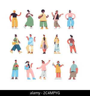 Set nette Menschen in lässigen trendigen Kleidung Mix Rennen Männer Frauen stehen in verschiedenen Posen männlich weiblich Cartoon-Figuren Sammlung voller Länge isoliert Vektor-Illustration Stock Vektor