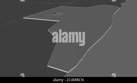 Zoom in auf Mudug (Region Somalia) extrudiert. Schräge Perspektive. Karte mit bilevel Höhe mit Oberflächengewässern. 3D-Rendering Stockfoto