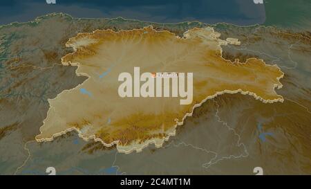 Zoom in auf Castilla y León (autonome Gemeinschaft von Spanien) extrudiert. Schräge Perspektive. Topographische Reliefkarte mit Oberflächengewässern. 3D-Rendering Stockfoto