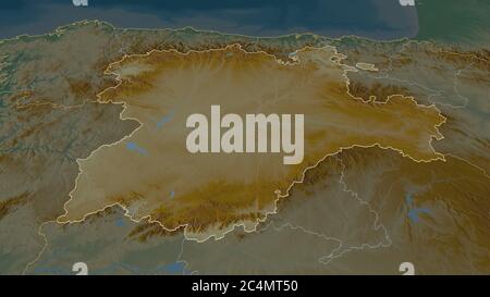 Zoom in Castilla y León (autonome Gemeinschaft von Spanien) skizziert. Schräge Perspektive. Topographische Reliefkarte mit Oberflächengewässern. 3D-Rendering Stockfoto