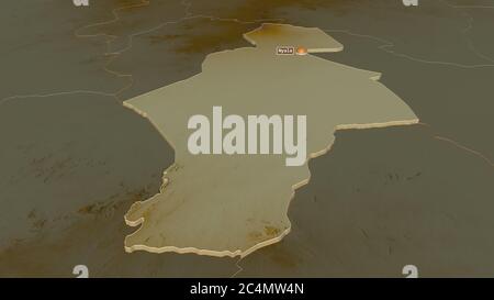 Zoom in auf Süd Darfur (Staat Sudan) extrudiert. Schräge Perspektive. Topographische Reliefkarte mit Oberflächengewässern. 3D-Rendering Stockfoto