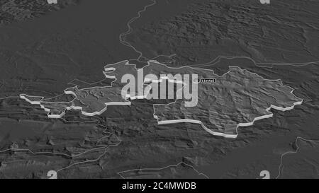 Zoom in auf Basel-Landschaft (Kanton Schweiz) extrudiert. Schräge Perspektive. Karte mit bilevel Höhe mit Oberflächengewässern. 3D-Rendering Stockfoto