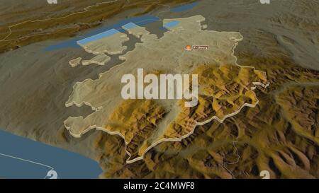 Zoom in auf Fribourg (Kanton Schweiz) extrudiert. Schräge Perspektive. Topographische Reliefkarte mit Oberflächengewässern. 3D-Rendering Stockfoto