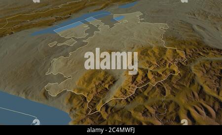 Zoom in Fribourg (Kanton Schweiz) skizziert. Schräge Perspektive. Topographische Reliefkarte mit Oberflächengewässern. 3D-Rendering Stockfoto