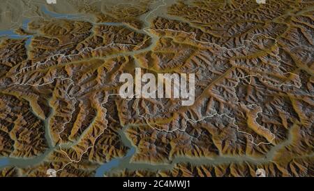 Zoom in auf Graubünden (Kanton Schweiz) skizziert. Schräge Perspektive. Topographische Reliefkarte mit Oberflächengewässern. 3D-Rendering Stockfoto