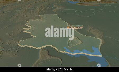 Zoom in auf Nong Bua Lam Phu (Provinz Thailand) extrudiert. Schräge Perspektive. Topographische Reliefkarte mit Oberflächengewässern. 3D-Rendering Stockfoto