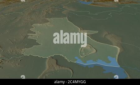 Zoom in auf Nong Bua Lam Phu (Provinz Thailand) skizziert. Schräge Perspektive. Topographische Reliefkarte mit Oberflächengewässern. 3D-Rendering Stockfoto