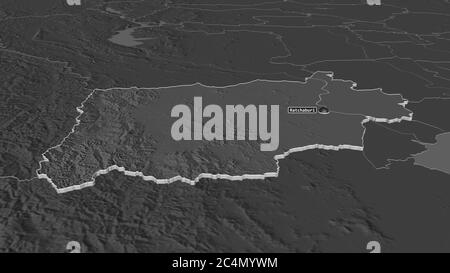 Zoom in auf Ratchaburi (Provinz Thailand) extrudiert. Schräge Perspektive. Karte mit bilevel Höhe mit Oberflächengewässern. 3D-Rendering Stockfoto