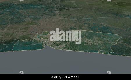 Zoom in auf Samut Prakan (Provinz Thailand) skizziert. Schräge Perspektive. Satellitenbilder. 3D-Rendering Stockfoto