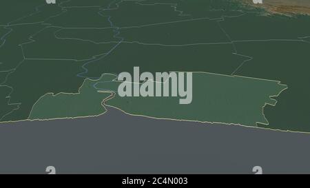 Zoom in auf Samut Prakan (Provinz Thailand) skizziert. Schräge Perspektive. Topographische Reliefkarte mit Oberflächengewässern. 3D-Rendering Stockfoto