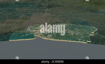 Zoom in auf Samut Prakan (Provinz Thailand) extrudiert. Schräge Perspektive. Satellitenbilder. 3D-Rendering Stockfoto