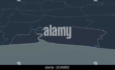 Zoom in auf Samut Prakan (Provinz Thailand) skizziert. Schräge Perspektive. Farbige und angestoßende Karte der Verwaltungsabteilung mit Oberflächenwasser Stockfoto