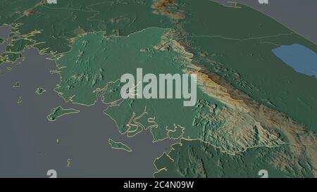 Zoom in Trang (Provinz Thailand) skizziert. Schräge Perspektive. Topographische Reliefkarte mit Oberflächengewässern. 3D-Rendering Stockfoto