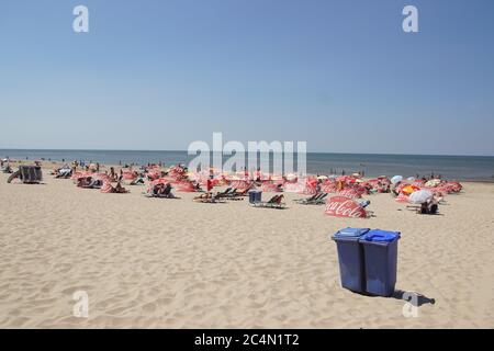 Sandstrand am niederländischen Küstendorf Bergen aan Zee. Menschen wandern. Schwimmen, Sonnenbaden an der Nordsee. Schöner Sommertag, Niederlande. Stockfoto