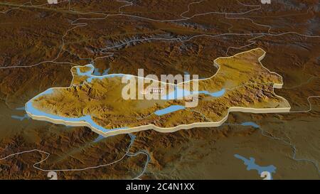 Zoom in auf Elazığ (Provinz Türkei) extrudiert. Schräge Perspektive. Topographische Reliefkarte mit Oberflächengewässern. 3D-Rendering Stockfoto