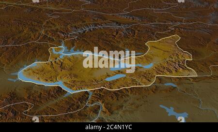 Zoom in Elazığ (Provinz der Türkei) skizziert. Schräge Perspektive. Topographische Reliefkarte mit Oberflächengewässern. 3D-Rendering Stockfoto