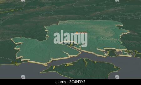 Zoom in Hampshire (Verwaltungsbezirk von England) extrudiert. Schräge Perspektive. Topographische Reliefkarte mit Oberflächengewässern. 3D-Rendering Stockfoto