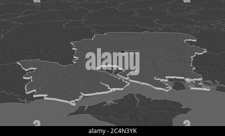 Zoom in Hampshire (Verwaltungsbezirk von England) extrudiert. Schräge Perspektive. Karte mit bilevel Höhe mit Oberflächengewässern. 3D-Rendering Stockfoto