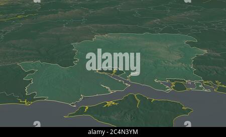 Zoom in Hampshire (Verwaltungsbezirk von England) skizziert. Schräge Perspektive. Topographische Reliefkarte mit Oberflächengewässern. 3D-Rendering Stockfoto