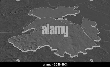 Zoom in Shropshire (Verwaltungsbezirk von England) extrudiert. Schräge Perspektive. Karte mit bilevel Höhe mit Oberflächengewässern. 3D-Rendering Stockfoto