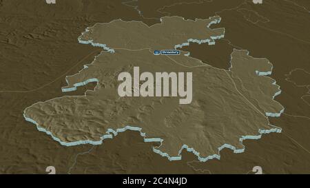 Zoom in Shropshire (Verwaltungsbezirk von England) extrudiert. Schräge Perspektive. Farbige und aufgeschüpfte Karte der Verwaltungseinheit mit sur Stockfoto