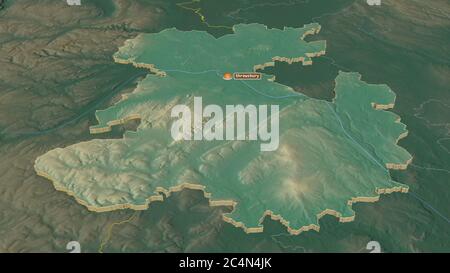 Zoom in Shropshire (Verwaltungsbezirk von England) extrudiert. Schräge Perspektive. Topographische Reliefkarte mit Oberflächengewässern. 3D-Rendering Stockfoto