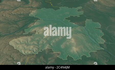 Zoom in Shropshire (Verwaltungsbezirk von England) skizziert. Schräge Perspektive. Topographische Reliefkarte mit Oberflächengewässern. 3D-Rendering Stockfoto