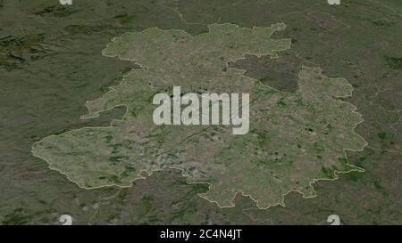 Zoom in Shropshire (Verwaltungsbezirk von England) skizziert. Schräge Perspektive. Satellitenbilder. 3D-Rendering Stockfoto