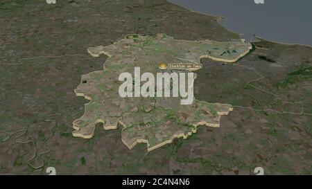 Zoom in auf Stockton-on-Tees (Unitary Authority of England) extrudiert. Schräge Perspektive. Satellitenbilder. 3D-Rendering Stockfoto