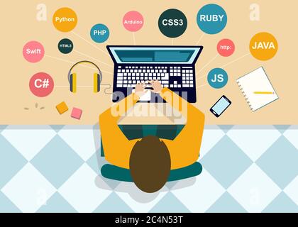 Draufsicht des Programmierers, der am Laptop arbeitet, kreatives Bild Stock Vektor