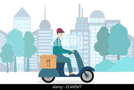 Lieferer auf Roller über Stadt Hintergrund Stock Vektor