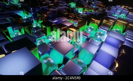 3D-Rendering von bunten Neon kubischen beleuchteten Fliesen bilden eine Mosaikhintergrund Stockfoto