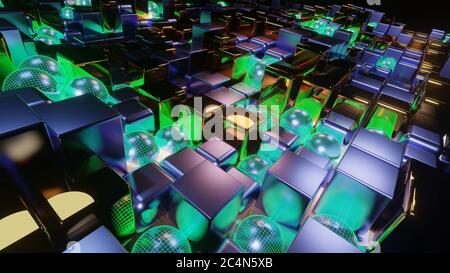 3D-Rendering von bunten Neon kubischen beleuchteten Fliesen bilden eine Mosaikhintergrund Stockfoto