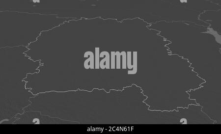 Zoom in auf Zhytomyr (Region der Ukraine) skizziert. Schräge Perspektive. Karte mit bilevel Höhe mit Oberflächengewässern. 3D-Rendering Stockfoto