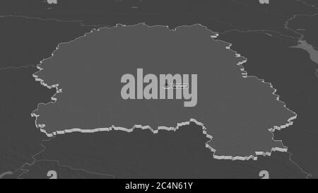 Zoom in auf Zhytomyr (Region der Ukraine) extrudiert. Schräge Perspektive. Karte mit bilevel Höhe mit Oberflächengewässern. 3D-Rendering Stockfoto