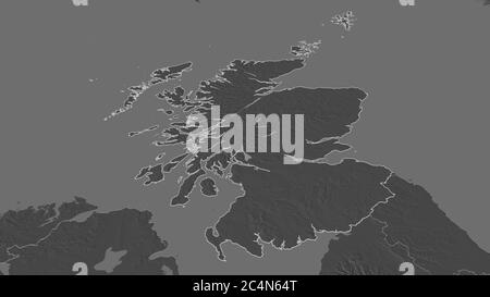 Zoom in auf Schottland (Region von Großbritannien) skizziert. Schräge Perspektive. Karte mit bilevel Höhe mit Oberflächengewässern. 3D-Rendering Stockfoto