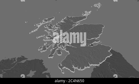 Zoom in auf Schottland (Region von Vereinigtes Königreich) extrudiert. Schräge Perspektive. Karte mit bilevel Höhe mit Oberflächengewässern. 3D-Rendering Stockfoto