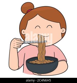 vektor-Set von Frau essen Nudel Stock Vektor