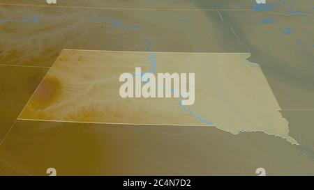 Zoomen Sie auf South Dakota (Bundesstaat USA). Schräge Perspektive. Topographische Reliefkarte mit Oberflächengewässern. 3D-Rendering Stockfoto