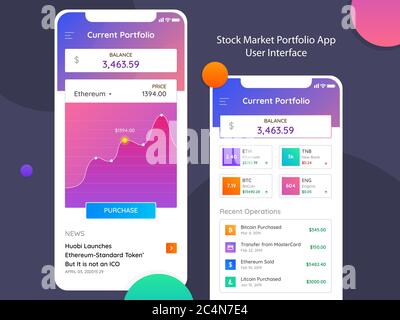 Eine supereinfache Benutzeroberfläche der App „Minimal Stock Market Portfolio“. Forex Trading App geeignet für Finanzinvestitionskonzept. Stock Vektor