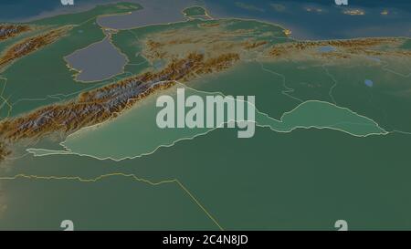 Zoom in auf Barinas (Staat Venezuela) skizziert. Schräge Perspektive. Topographische Reliefkarte mit Oberflächengewässern. 3D-Rendering Stockfoto