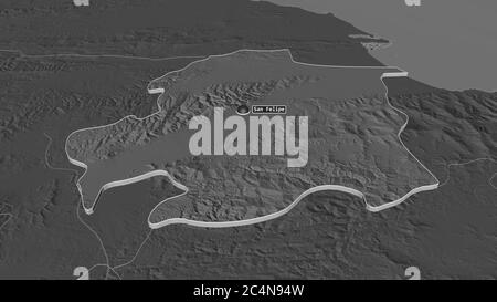 Zoom in auf Yaracuy (Staat Venezuela) extrudiert. Schräge Perspektive. Karte mit bilevel Höhe mit Oberflächengewässern. 3D-Rendering Stockfoto