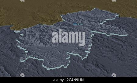 Zoom in auf Hà Giang (Provinz Vietnam) extrudiert. Schräge Perspektive. Farbige und aufgeschüpfte Karte der Verwaltungseinheit mit Oberflächengewässern. 3D Stockfoto