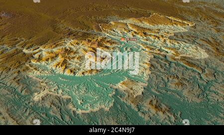 Zoom in auf Hà Giang (Provinz Vietnam) extrudiert. Schräge Perspektive. Topographische Reliefkarte mit Oberflächengewässern. 3D-Rendering Stockfoto